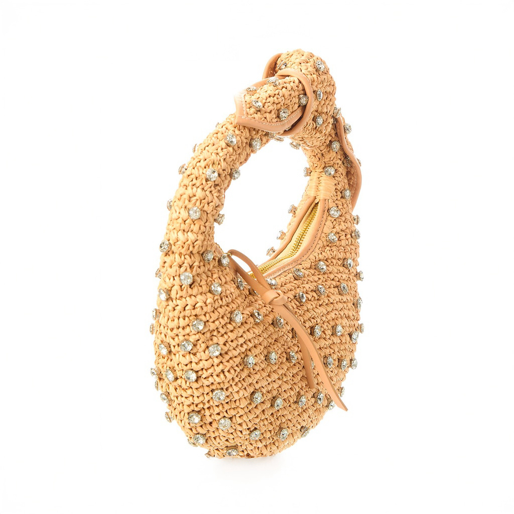 NWT Poolside Josie Bling Raffia Top-Handle Knotted Bag Crystals Natural - Picture 3 of 8
